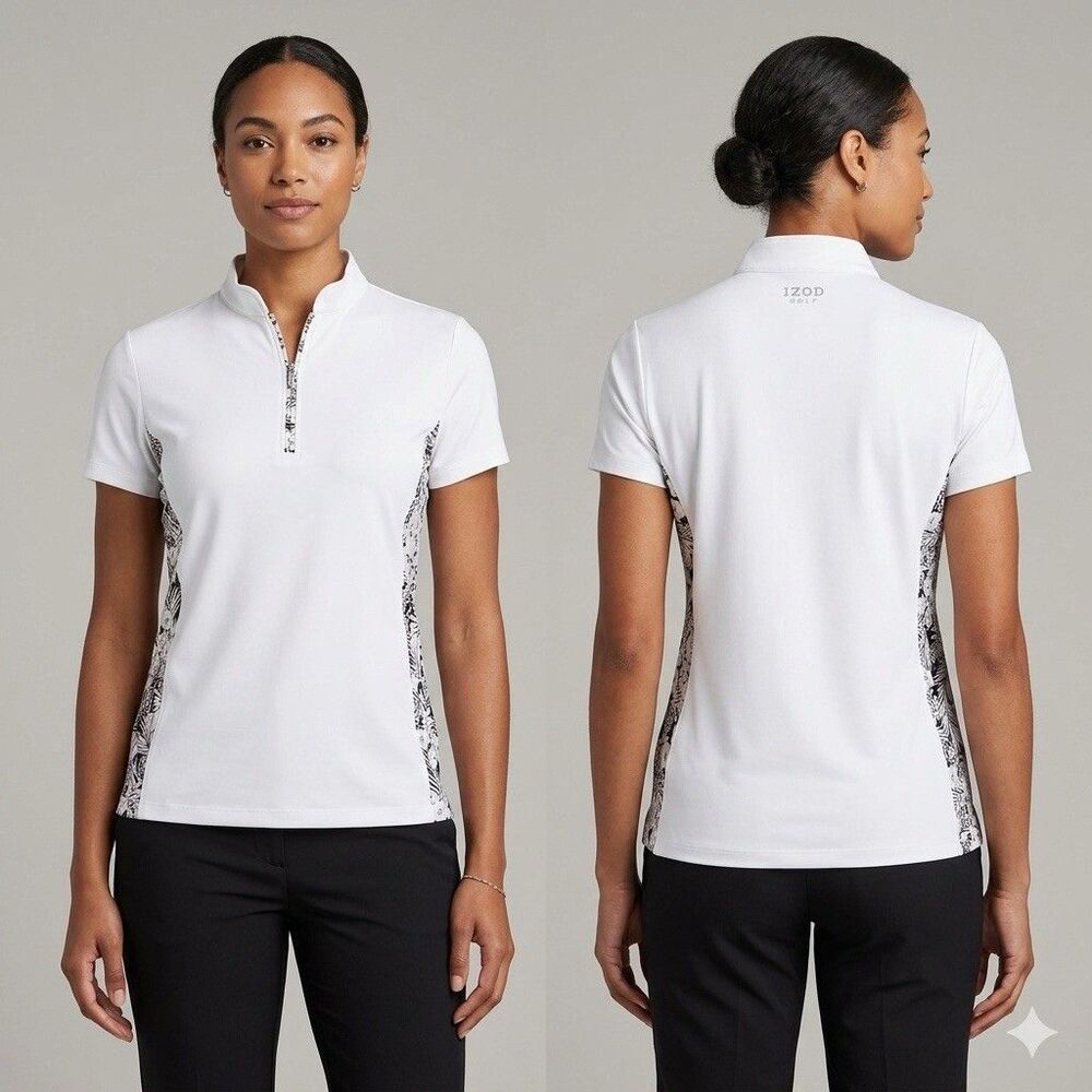 IZOD GOLF Woman Size L White Short Sleeve SwingFlex Floral Accent Zip Polo NWT